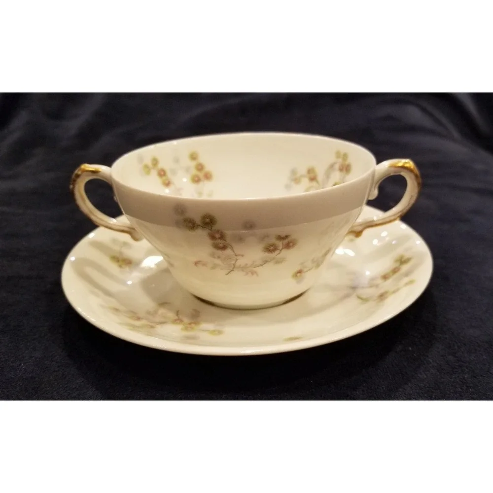 Theodore Havilland Limoges France Double Handled Cream Soup Cup & Saucer